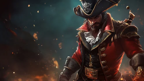 Brooding pirate captain in ember-lit cinematic portrait art.
