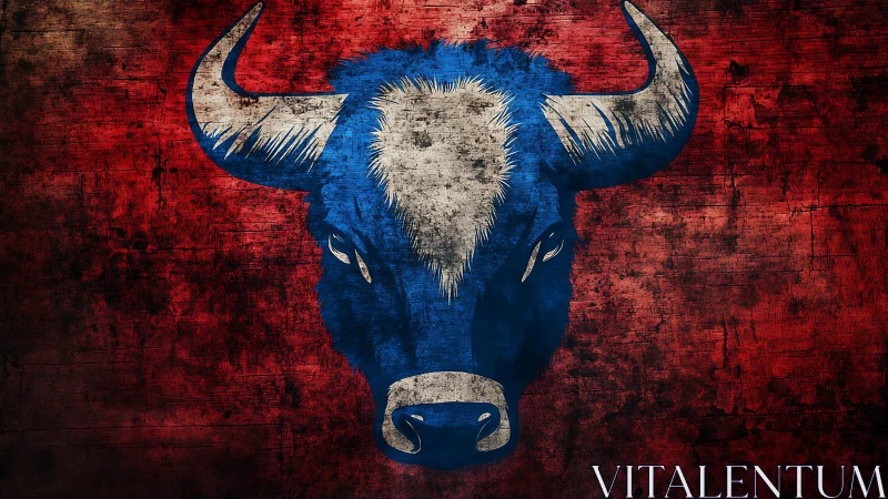 Textured blue bull emblem on distressed red grunge background