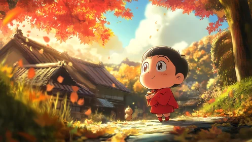 Small child wanders a glowing autumn path by rural house
