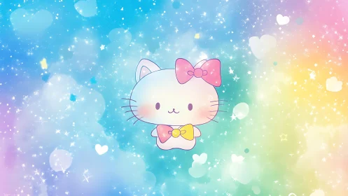 Cartoon cat character is centered on pastel gradient background