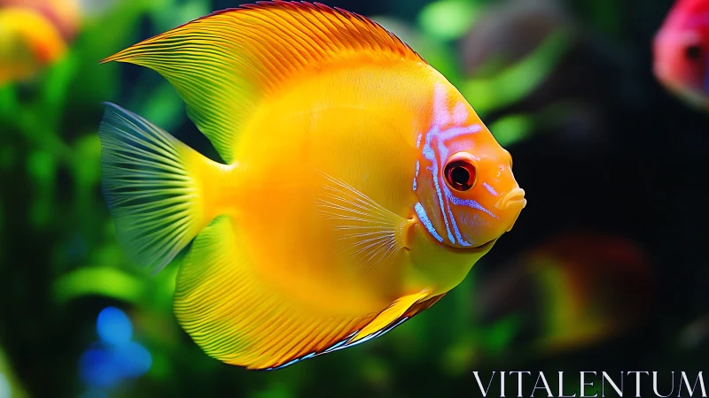 Vibrant yellow discus fish gliding through lush aquarium water.