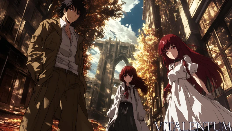 Autumn-lit anime trio in ruined city cathedral streets.