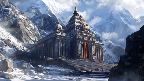 Granite temple complex nested in glaciated alpine ravine.