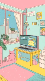 Pastel-colored bedroom workspace with computer and toys.