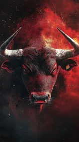 Fiery bull head emerging from dark red explosive background.