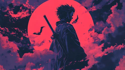 Samurai silhouette intersecting neon moon in high-contrast palette