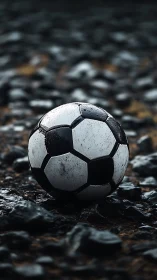Weathered soccer ball on wet dark gravel with shallow focus.