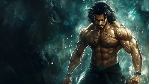 Muscular warrior stands in swirling teal energy storm