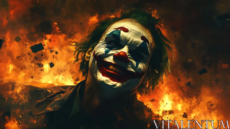 Smiling clown amid blazing explosion radiates chaotic energy.