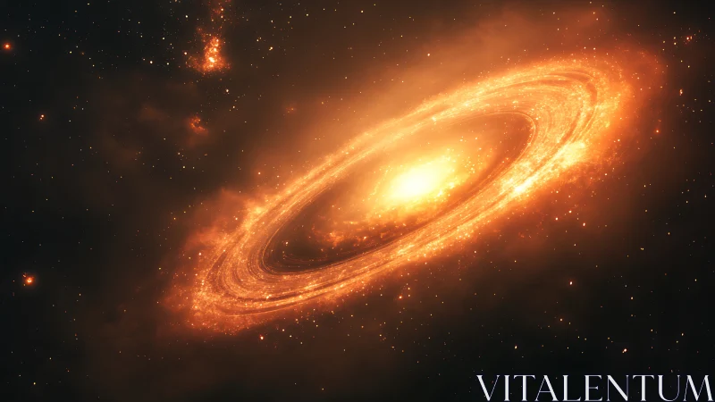 Luminous orange spiral galaxy with dense glowing star field.