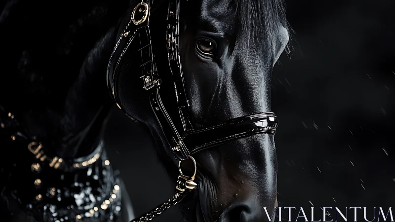 Close-up view of black horse in bridle on dark background.