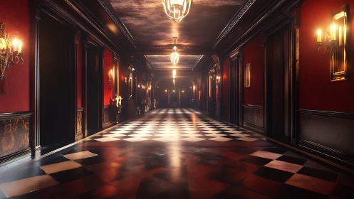 Opulent red hotel corridor with glossy checkered floor.