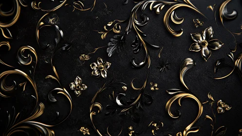 Gold floral scrollwork curls across textured black surface