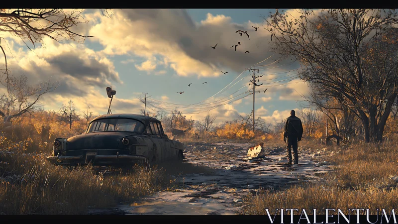 Lone figure walking past abandoned car at sunset road.