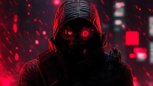 Hooded cyber-operative with red optical respirator visor glow.