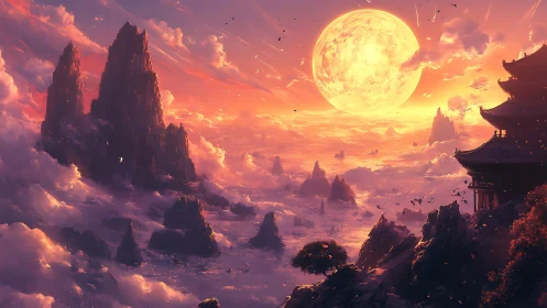 Golden moonrise bathes misty peaks and tranquil temple