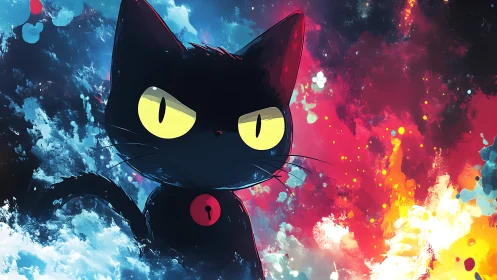 Cosmic guardian cat between swirling fire and starlit sea.