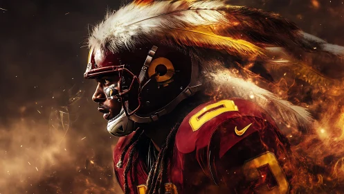 Fiery football warrior charges forward through swirling embers