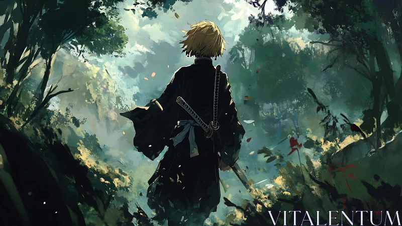 Sword-wielding wanderer strides through misty forest path.