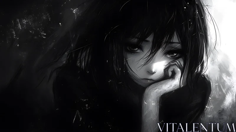 Monochrome anime portrait of pensive girl in close-up view.