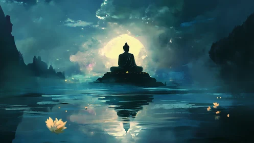 Luminous lunar backlit Buddha over reflective misted lake.