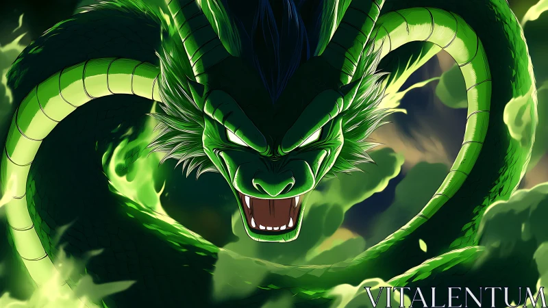 Emerald storm dragon coils through blazing celestial fire.