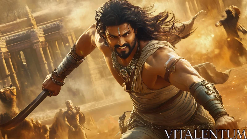 Heroic warrior charges through golden dust-filled battlefield.