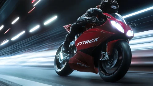 High-speed red superbike in night tunnel with motion blur lighting