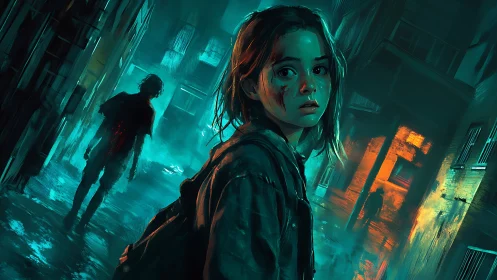 Bloodstained girl haunts neon alleyways of a drowned city.