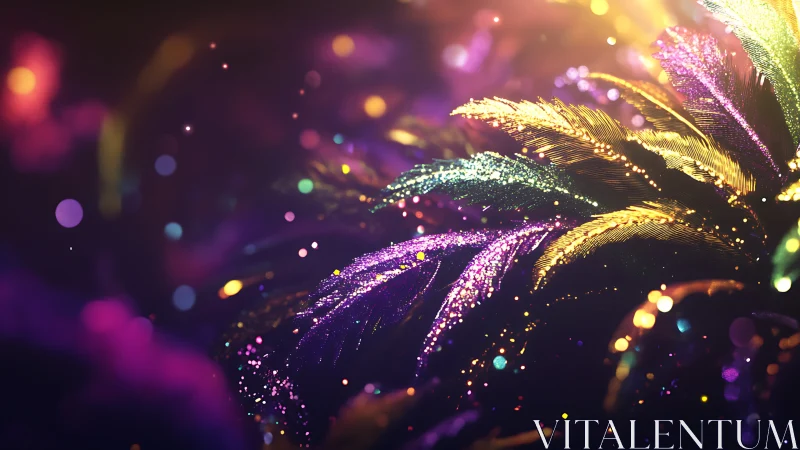 Glittering multicolored feathers curve across a dark background