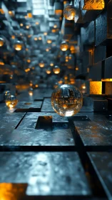 Chrome spheres suspended in glowing geometric corridor.