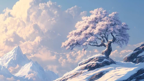 Solitary frost tree crowning luminous snowy ridgeline.