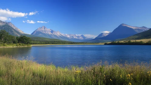 Mountain lake lies below distant peaks under clear sky