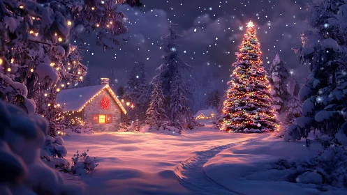 Snow-covered forest cabin and illuminated outdoor tree at night.