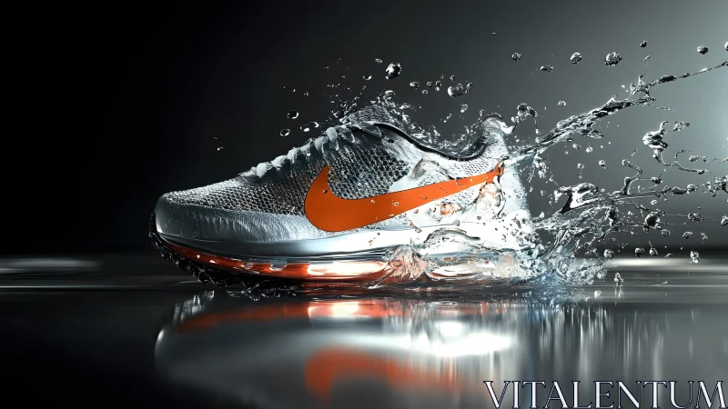 Dynamic sports shoe with orange swoosh splashing in water, hyper-realistic style.
