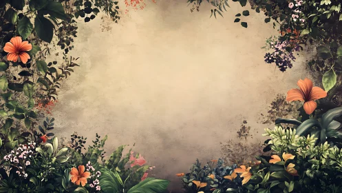 Floral border surrounds textured beige background space