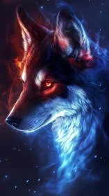 Luminous spirit wolf wrapped in smoky fire and ice glow.