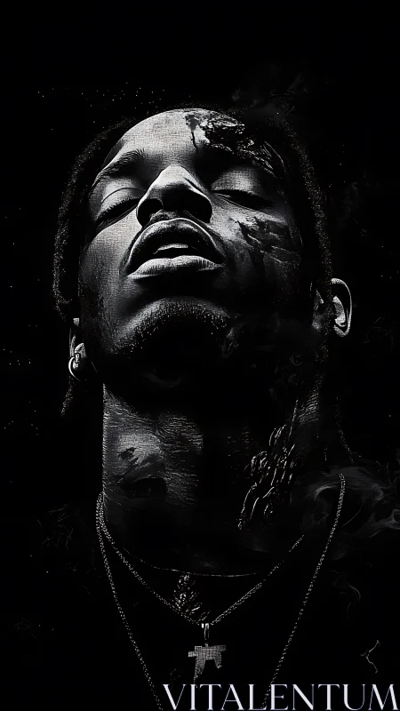 Monochrome digital portrait with dramatic upward gaze.