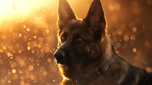 German shepherd portrait in warm sunset backlighting.