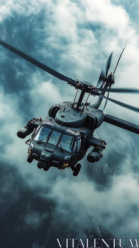 Stealth military helicopter cutting through storm clouds.