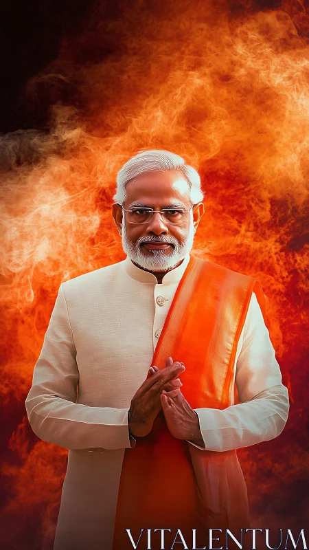 Portrait of suited man with orange sash before fiery backdrop