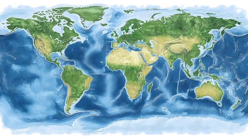 Global physical relief map rendering topography and bathymetry