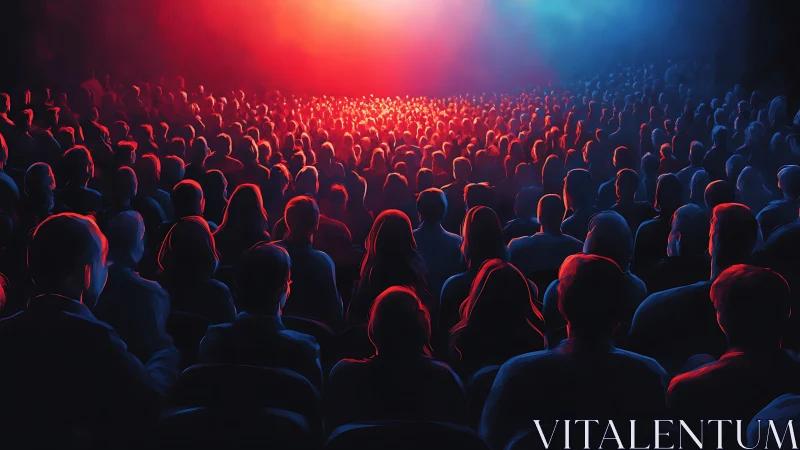 Digital painting of cinematic audience in red blue backlight.