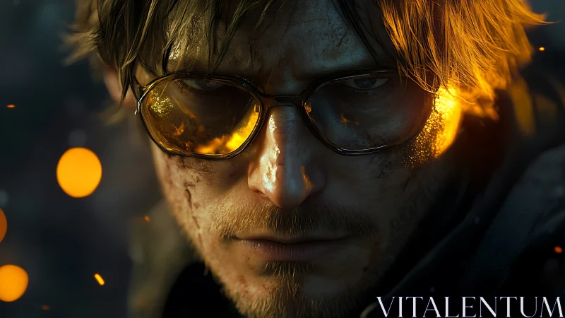 Cinematic close-up of battle-worn man with reflective ember-lit glasses