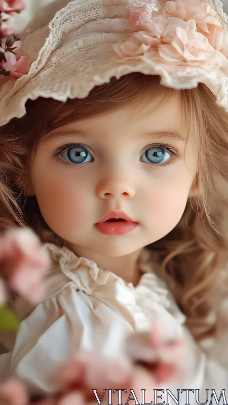 Blue-eyed child in lace bonnet amid soft pink blossoms.