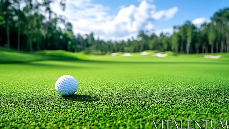 Golf ball on manicured green under clear daytime sky.