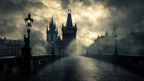 Foggy old city bridge glowing with softly lit lamps.
