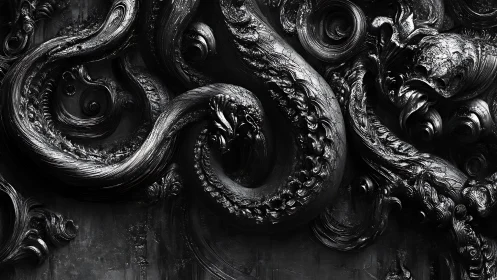 Dark metallic tentacles coil in an ornate baroque abyss
