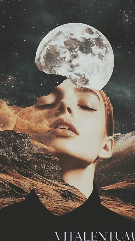Surreal female portrait blended with lunar desert landscape.
