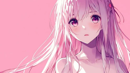 Soft pink anime girl gazes ahead in tender quiet emotion